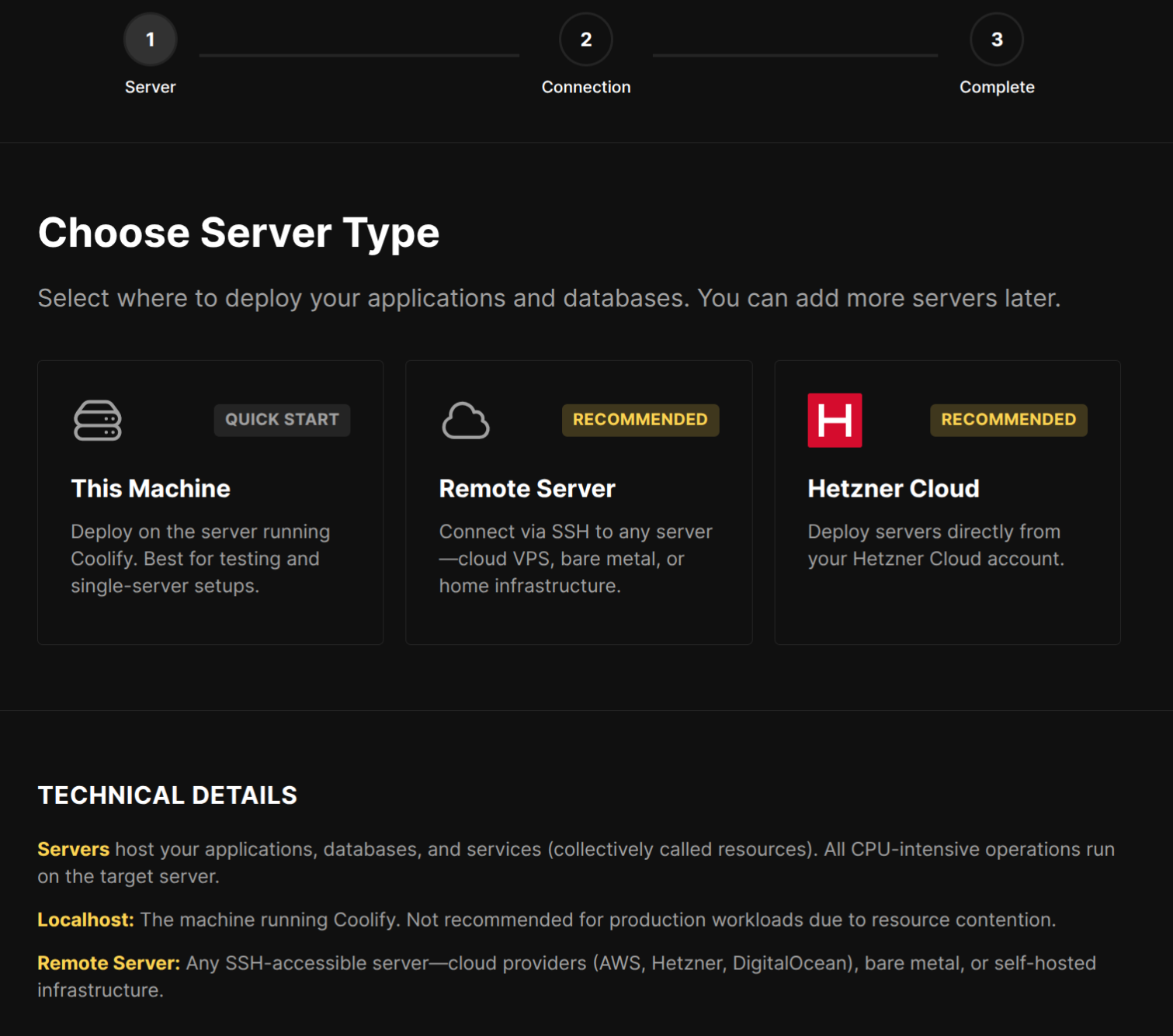 Coolify: Choose Server Type, This Machine, Remote Server, Hetzner Cloud