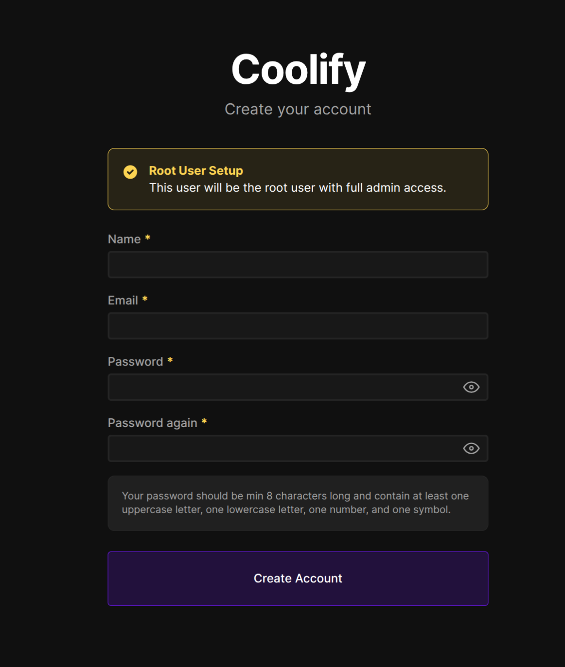 Setup iniziale Coolify: form di creazione account