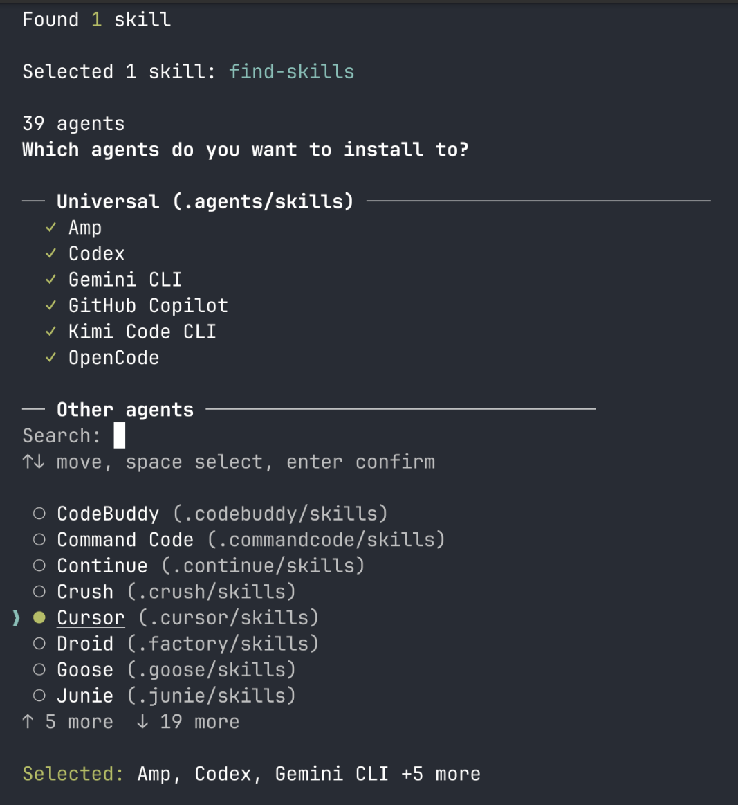 Skills installer: scegli a quali agent installare la skill
